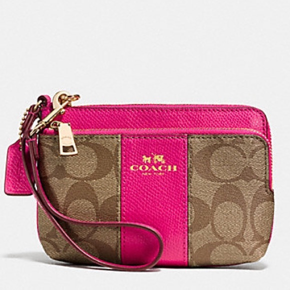 NWT Coach Double Corner Zip Wristlet Khaki/ Pink Ruby - Picture 2 of 10